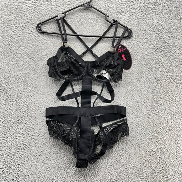 Private Collection Sleepwear Womens‎ Medium Black Strappy Wired Teddy Lace New - Picture 1 of 12